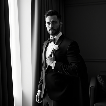 AI-generated photo: Photorealistic black-and-white cinematic wedding portrait. Inside a dim suite near a window, the sub...