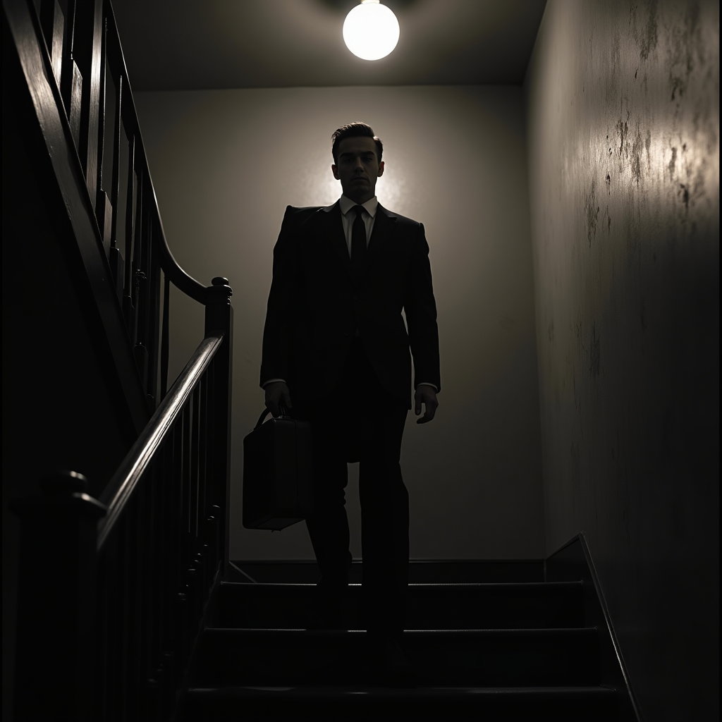 AI-generated photo: Celluloid film still on a shadowed staircase inside a noir apartment building; the subject pauses mi...