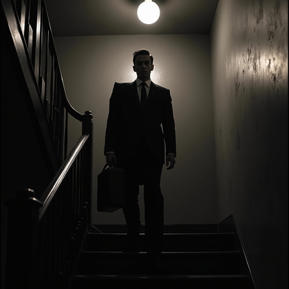 AI-generated photo: Celluloid film still on a shadowed staircase inside a noir apartment building; the subject pauses mi...