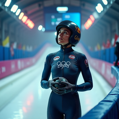 AI-generated photo: Photorealistic sports photography, vertical image of a skeleton racer at the end of the track, helme...