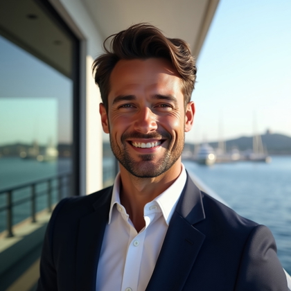 Luxury Marina Portraits With Yachts in the Background example: Photorealistic profile portrait photography. Clean avatar-style crop from the chest up, with the subject facing the view