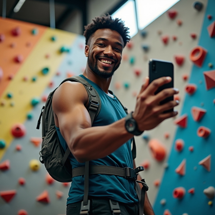 Photorealistic smartphone selfie photo at an indoor climbing gym with a wall of colorful holds and route tags rising behind, taken from waist-up at arm’s length while standing in belay stance near the base for safety; shoulders squared and posture tall, chin slightly lifted for confidence, a compact chalk bag at the hip adding sporty detail. Crisp overhead LEDs blend with side window light to sculpt clean highlights across technical textures like webbing, buckles, and breathable fabrics, while bold geometric wall panels create dynamic leading lines into the frame. Expression is energized and inviting with a slight smirk, conveying ready-to-send focus without losing a polished, attractive presence.