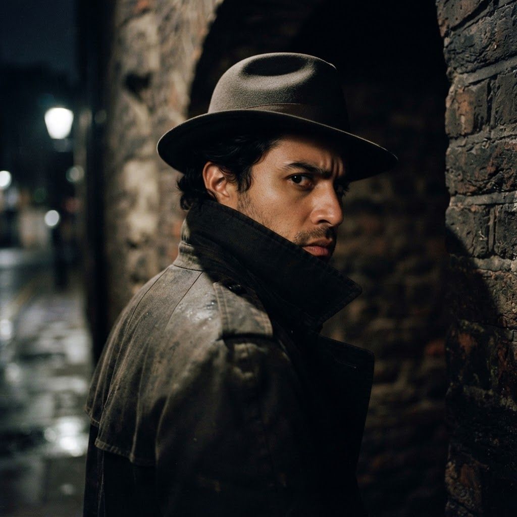 Private Eye Close-Up: Close solo portrait of a noir investigator in a doorway shadow, trench collar turned high beneath a tilted fedora.