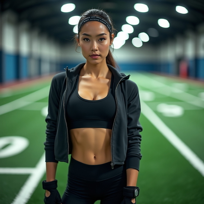 AI-generated photo: Photorealistic fitness close-up portrait photograph: on the green turf lane with white yard markers ...