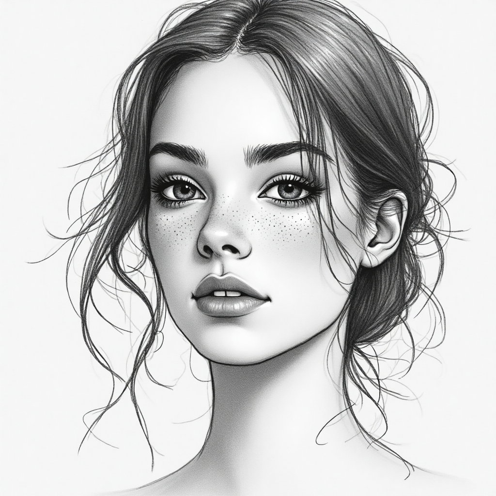 AI-generated photo: Line Art Drawing. Develop a soft focus portrait that captures a moment of introspection. The subject...