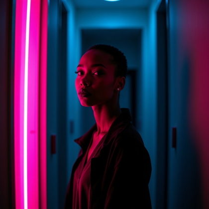 Neon Motel Hallway Survivor Portrait example: Cinematic horror portrait photo. Profile/avatar crop with the subject centered from the shoulders up inside a motel door