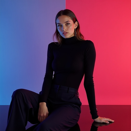 Photorealistic fashion editorial studio photo on a saturated color-block seamless (cobalt fading to magenta) with a glossy floor reflection, subject posed three-quarters to camera with relaxed shoulders and arms resting naturally at sides, dressed in a sleek matte black turtleneck and tailored trousers with minimal jewelry, lit by a soft high key creating luminous catchlights and crisp edge highlights from a gelled rim for sculpted contrast, face fully visible with a confident, direct gaze framed by clean negative space.
