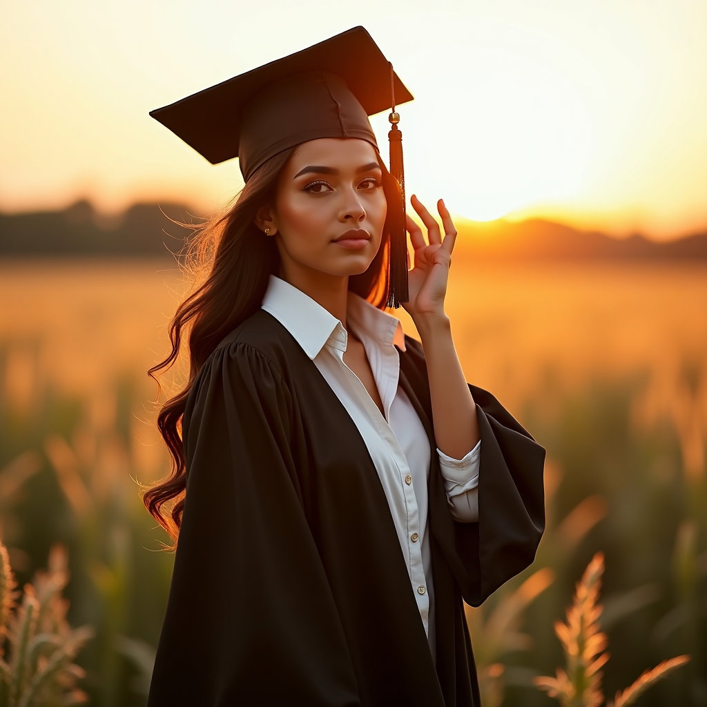 AI-generated photo: Photorealistic fashion portrait, a dreamy sunlit graduate portrait with the subject in a graduation ...