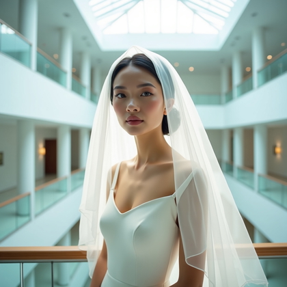 AI-generated photo: Photorealistic wedding photography in a minimalist art museum atrium where a large skylight pours br...