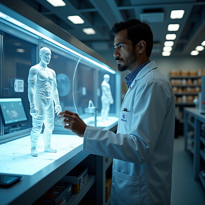 AI-generated photo: Photorealistic editorial portrait photography. A moon base scientist is portrayed during an active r...