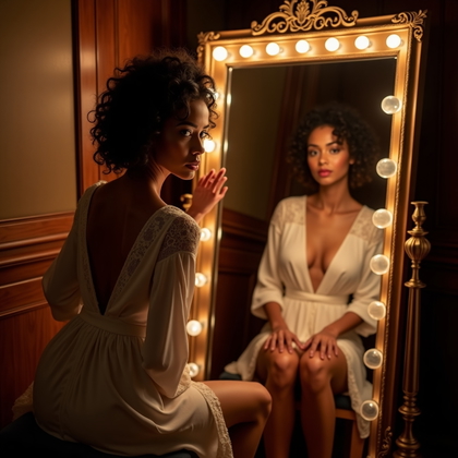AI-generated photo: Photorealistic boudoir photography, a candlelit dressing-room scene with the subject seated sideways...
