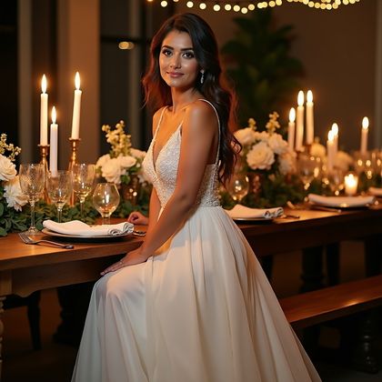 AI-generated photo: Photorealistic wedding photography: inside a candlelit reception with lush tablescapes, the bride pe...
