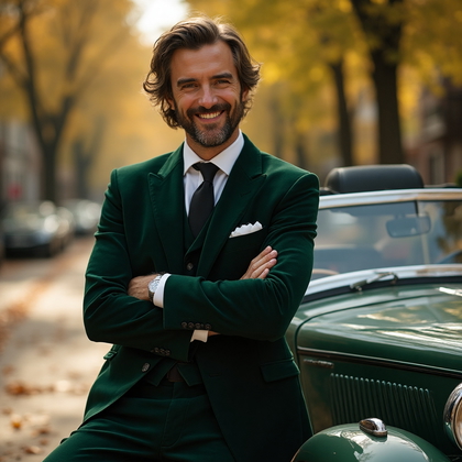 AI-generated photo: Lifestyle photo featuring a man in a tailored dark green suit, the fabric rich and velvety, offering...