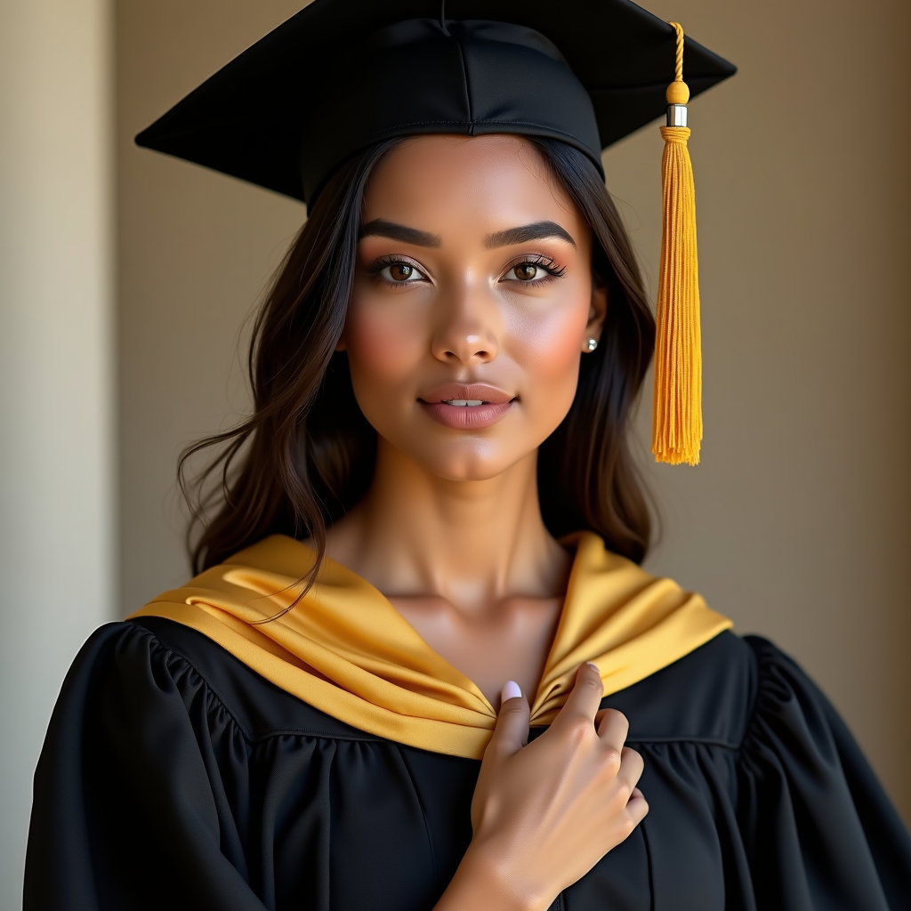 AI-generated photo: Professional beauty portrait photography, intimate close-up portrait in graduation attire featuring ...