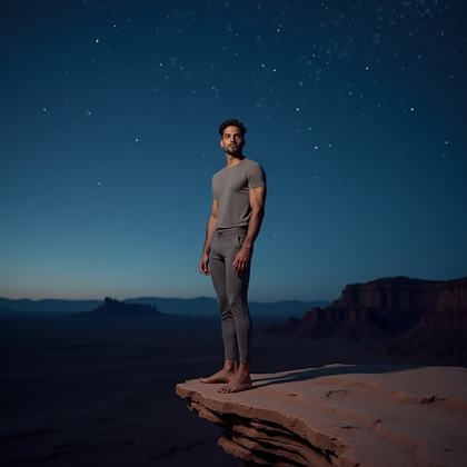 AI-generated photo: Photorealistic desert night portrait. A solo figure stands on the sharp edge of a sandstone cliff un...