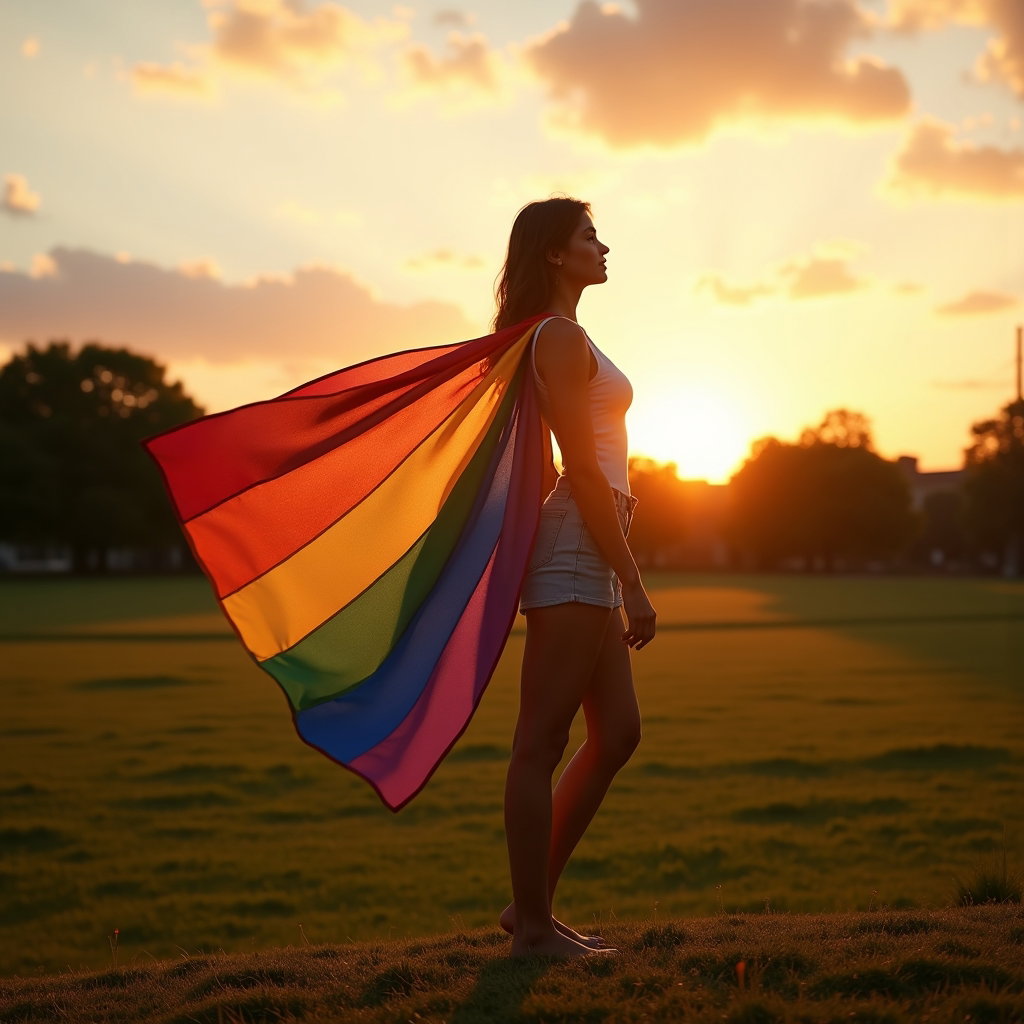 Rainbow Flag Cape Hero Portraits example: Photorealistic portrait photography. Environmental portrait in an open grassy park at sunset, the subject standing on a