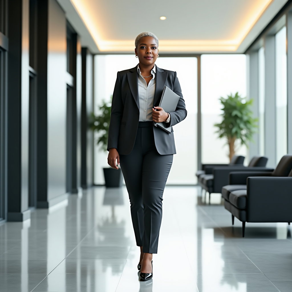 Tailored Pantsuit: Full-length lobby portrait near tall windows and a simple seating area, one visible subject in a charcoal tailored pantsuit with a softly…