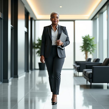 Tailleur-pantalon bien coupé : portrait en pied dans un hall, près de hautes fenêtres et d’un coin salon sobre, une seule personne visible dans un tailleur-pantalon gris anthracite au tombé doux…