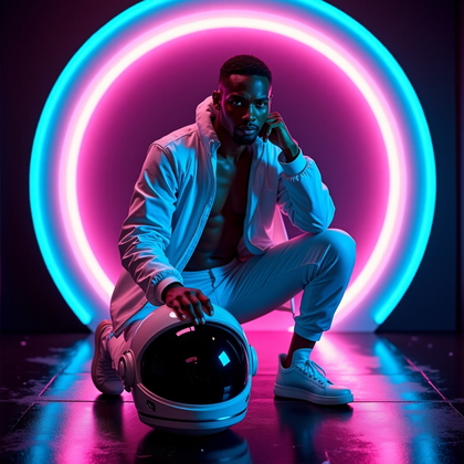 AI-generated photo: Photorealistic high-contrast studio portrait photography of a person kneeling on one knee on a refle...