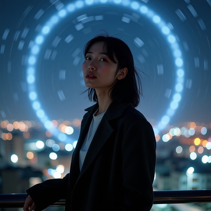 AI-generated photo: Photorealistic nighttime portrait photography, face-in-profile framed from the shoulders up, set on ...