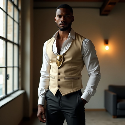 AI-generated photo: Photorealistic fashion portrait photography. A real person stands in an industrial loft space, style...