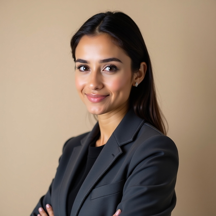 AI-generated photo: Professional headshot: neutral studio on a light ivory-to-sand gradient seamless with a soft vignett...