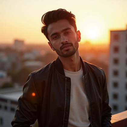 Dating profile photo: golden-hour rooftop portrait with warm city bokeh and a gentle sun flare edging the silhouette for a cinematic glow. Smart-casual wardrobe—sleek jacket or knit over a simple top—keeps the look approachable yet stylish, with a minimalist background to maintain focus on the face. Pose is a relaxed lean on a railing with chin slightly lowered and engaged eye contact, side-lit for soft Rembrandt shaping and a warm, inviting color grade that flatters skin and elevates allure.