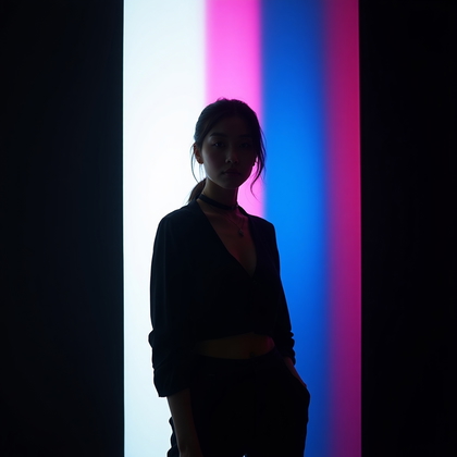 AI-generated photo: Photorealistic studio portrait photograph. The subject stands in front of a tall, narrow strip of wh...