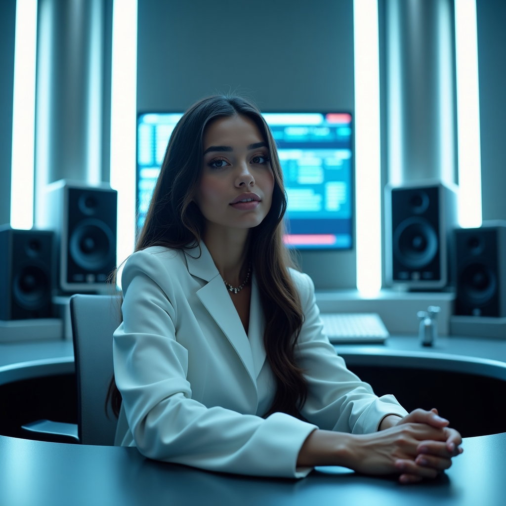 Futuristic Metallic Pop Star Album Cover Portraits example: Photorealistic album cover portrait photography. Environmental portrait inside a futuristic silver recording studio, the
