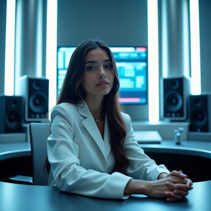Futuristic Metallic Pop Star Album Cover Portraits example: Photorealistic album cover portrait photography. Environmental portrait inside a futuristic silver recording studio, the