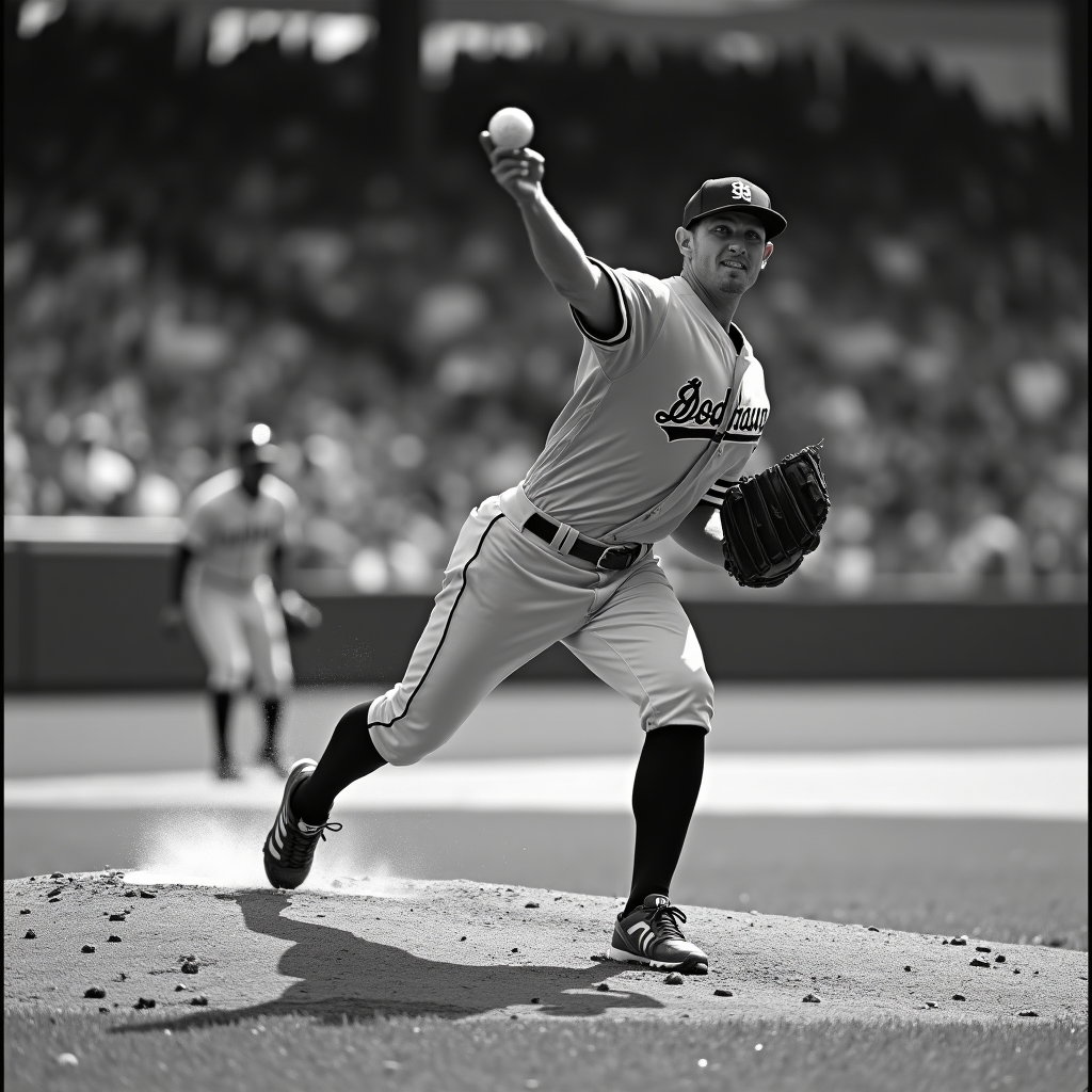 AI-generated photo: Black-and-white documentary sports photograph: from the shallow-left camera well, the shortstop hang...