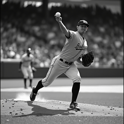 AI-generated photo: Black-and-white documentary sports photograph: from the shallow-left camera well, the shortstop hang...