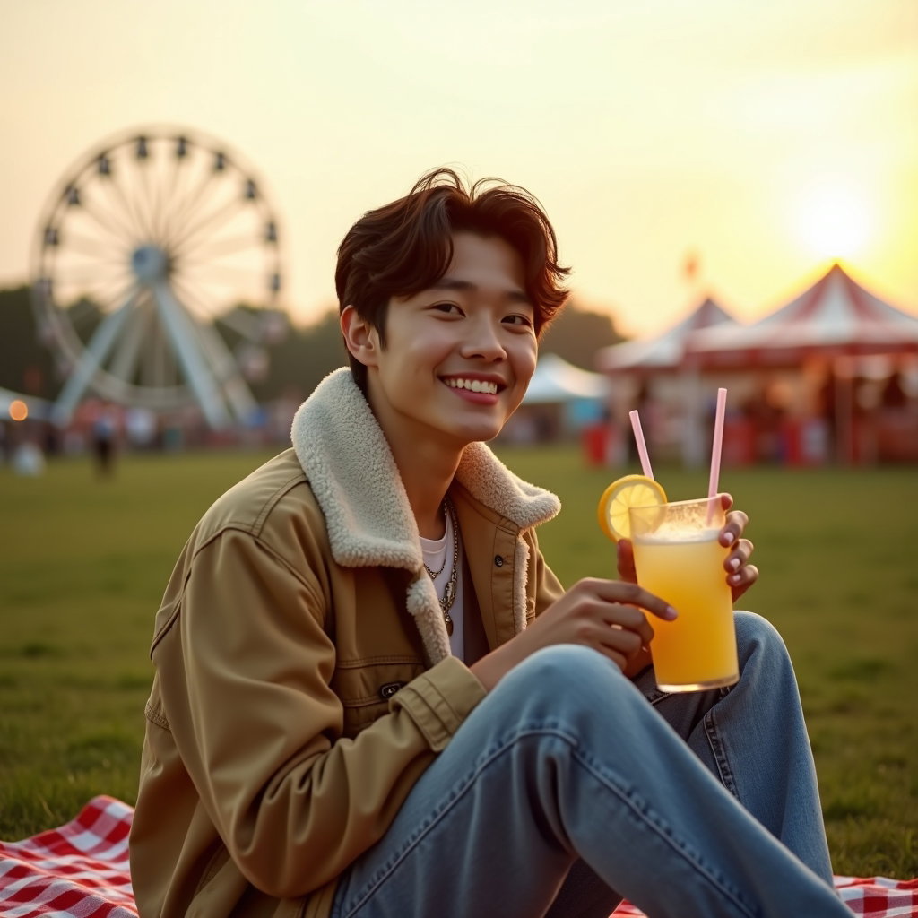 Ferris Wheel Daydream Portrait example: Photorealistic lifestyle festival portrait photography. Half-body portrait on a blanket at the edge of the carnival lawn
