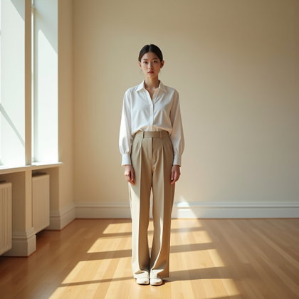 Soft Windowlight Poetcore Portrait in a White Shirt example: Photorealistic portrait photography. Full-body poetcore portrait in a quiet room with wooden floors and tall windows, we