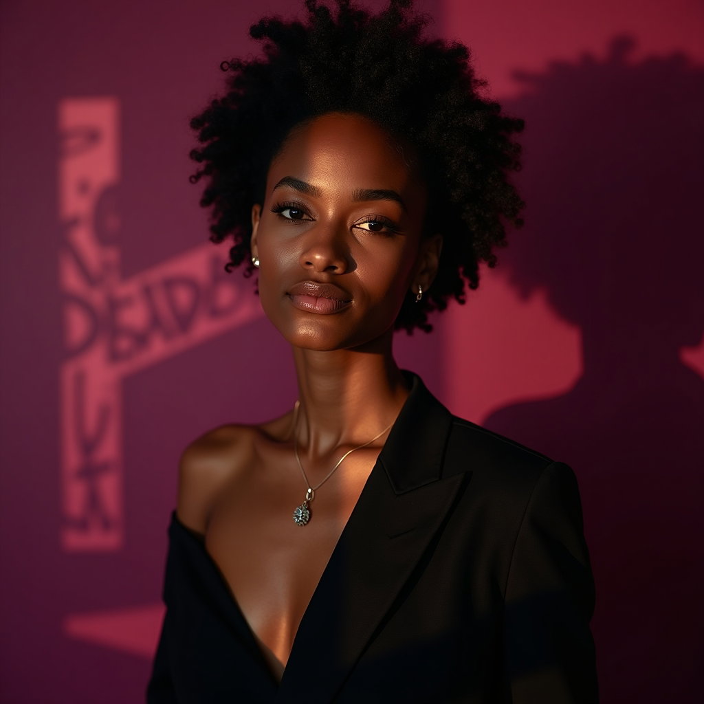 AI-generated photo: Photorealistic studio portrait photo featuring an oversized typographic gobo of bold serif letters t...