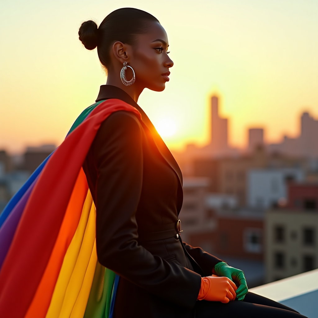 Bold Pride Fashion Editorial Portraits example: Photorealistic fashion editorial portrait. Environmental portrait in a modern rooftop setting at sunset, face turned tow