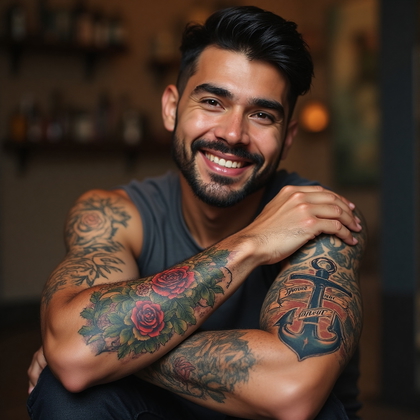 AI-generated photo: Photorealistic photography capturing a man with a classic old-school tattoo on his forearm depicting...
