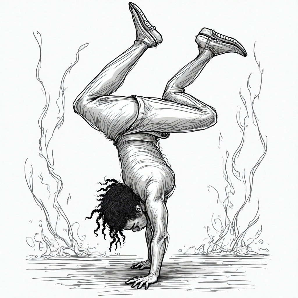 AI-generated photo: **Line Art Illustration.** The illustration showcases a person engaged in an intense breakdancing mo...