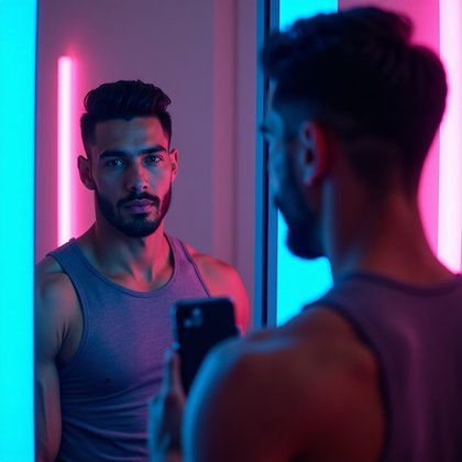 AI-generated photo: Photorealistic fitness photography of a waist-up mirror pump in a neon-lit 24/7 gym, fitted compress...