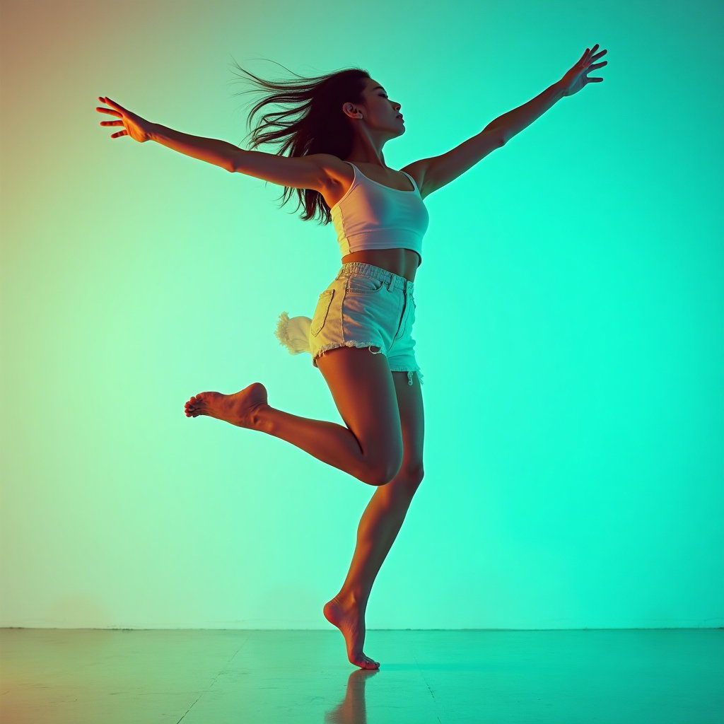 Motion-Based Dance Pop Album Cover Photos example: Photorealistic dance-pop album cover photo. Full-body freeze-frame jump on a glossy seamless stage, face visible toward