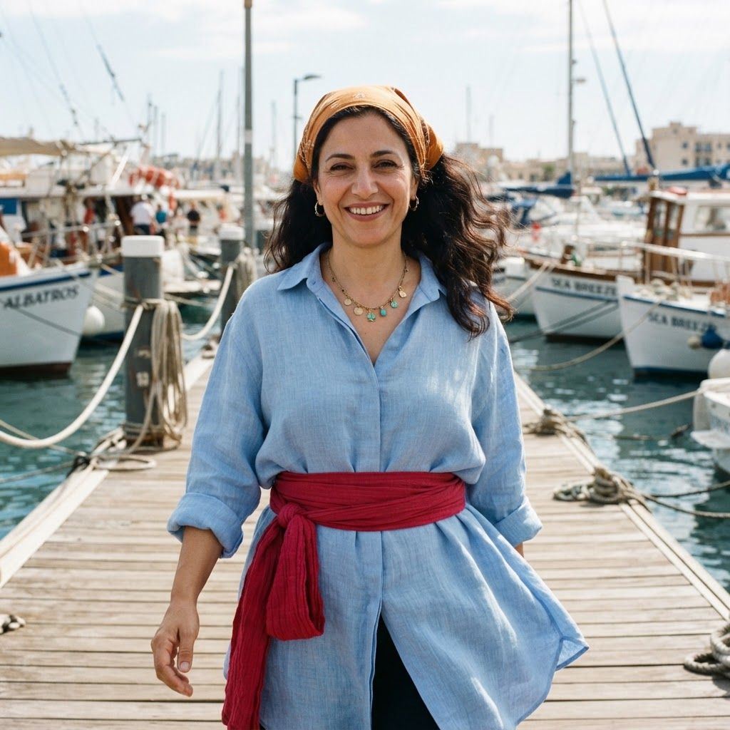 Sunlit Pirate at the Harbor: Bright waist-up portrait along an empty waterfront boardwalk.