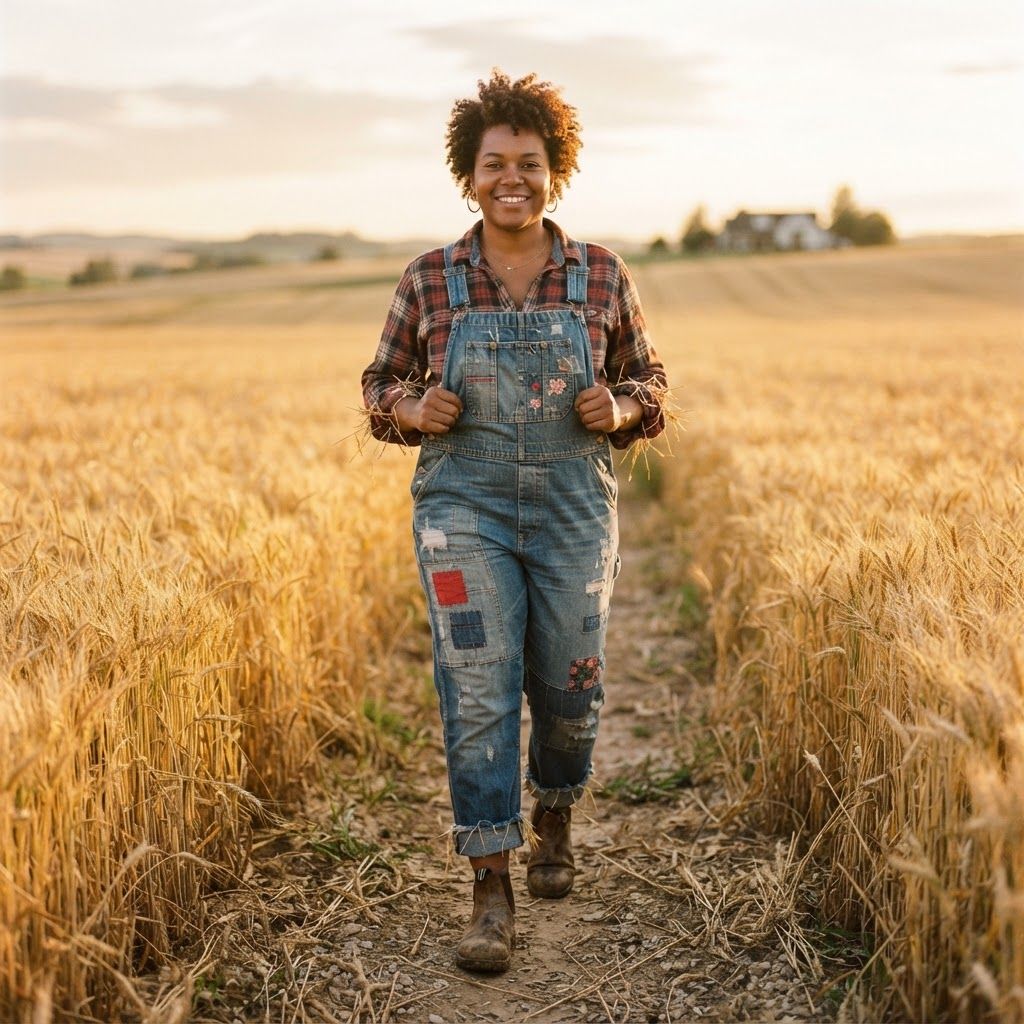 Patchwork Scarecrow in a Golden Field: Full-body personal photo on a narrow path through a golden wheat field.