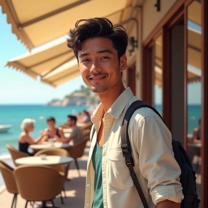 Natural Walking Portraits That Avoid Tourist Snapshot Poses example: Photorealistic Riviera vacation portrait. Profile/avatar crop designed as a polished square portrait, shoulders-up while
