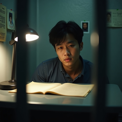 AI-generated photo: Photorealistic close-up prison portrait captured at the small metal desk inside a cell, with the per...