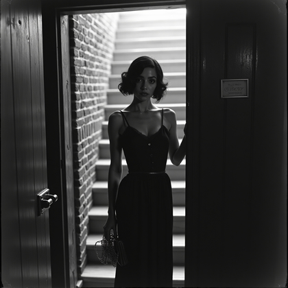 AI-generated photo: 1920s gelatin silver speakeasy portrait photograph: at the hidden basement door with the sliding pee...