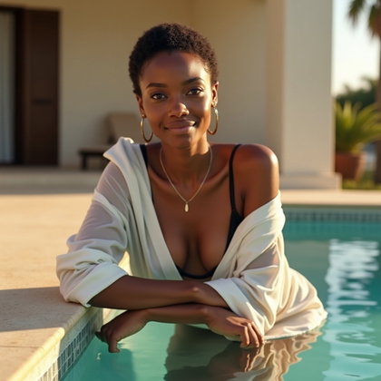 Poolside Swimwear Hero Portrait example: Photorealistic fashion editorial photography. Half-body portrait at the pool ledge, subject leaning slightly forward wit
