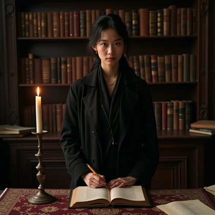 Candlelit Writing Desk Portrait With Ink-Stained Hands example: Photorealistic portrait photography. Full-body portrait in a dim study, standing beside a candlelit desk with an open no