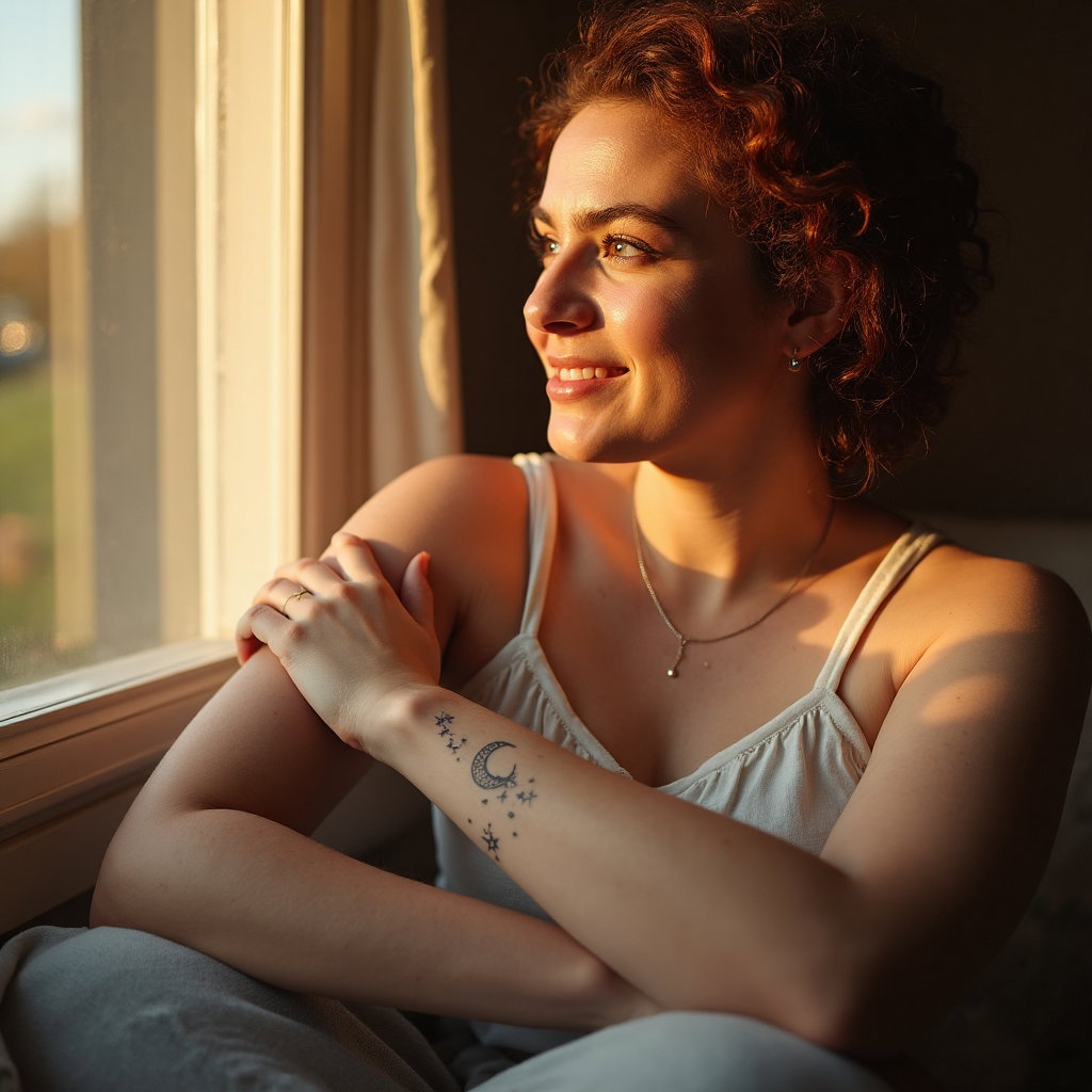 AI-generated photo: Photorealistic photography capturing an intimate moment with a woman seated by a sun-drenched window...