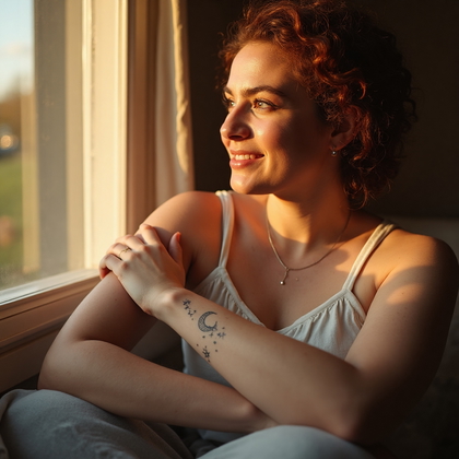 AI-generated photo: Photorealistic photography capturing an intimate moment with a woman seated by a sun-drenched window...