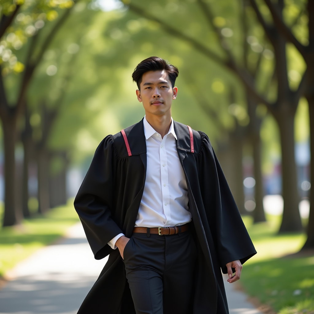 AI-generated photo: Fashion editorial photography, a purposeful walking graduation shot on a tree-lined campus path with...